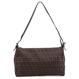 Fendi-Fendi Zucchino 8BR156 Leather Canvas Shoulder Bag-Brown