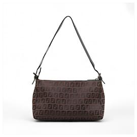 Fendi-Fendi Zucchino 8BR156 Leather Canvas Shoulder Bag-Brown