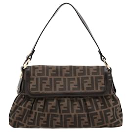 Fendi-Fendi Zucca 8BR445 Leather x Canvas Shoulder Bag-Brown