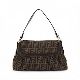 Fendi-Fendi Zucca 8BR445 Leather x Canvas Shoulder Bag-Brown