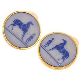Hermès-Hermes Corozo Horse Clip Earrings-Blue