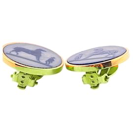 Hermès-Hermes Corozo Horse Clip Earrings-Blue