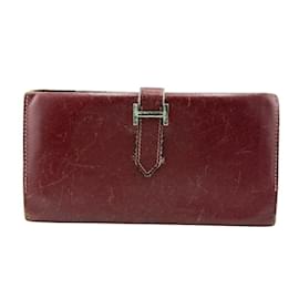 Hermès-Portefeuille bi-fold classique Hermes Bearn-Rouge,Bordeaux