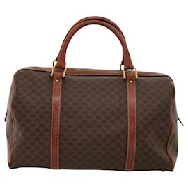 Céline-CELINE Macadam Canvas Hand Bag PVC Leather Brown Gold Auth 117308-Brown,Golden