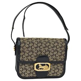 Céline-CELINE C Sulky Shoulder Bag Canvas Navy Gold Auth BA1018-Golden,Navy blue