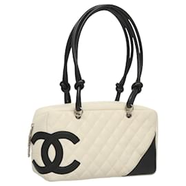 Chanel-CHANEL Matelasse Cambon Line Shoulder Bag Leather White Silver CC Auth BA1238AM-Silvery,White