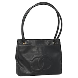 Chanel-Sac à épaule CHANEL en cuir caviar noir avec CC doré Auth BA1067-Noir,Doré
