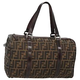 Fendi-FENDI Zucca Canvas Hand Bag Black Brown Auth 118072-Brown,Black