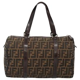 Fendi-FENDI Zucca Canvas Hand Bag Black Brown Auth 118072-Brown,Black