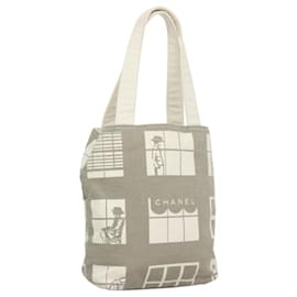Chanel-CHANEL fenêtres Sac Tote Toile Gris Blanc or CC Auth ar13426-Marron,Blanc,Doré