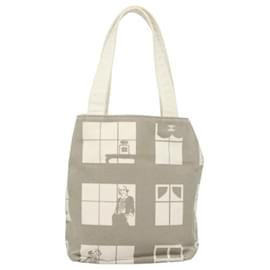 Chanel-CHANEL fenêtres Sac Tote Toile Gris Blanc or CC Auth ar13426-Marron,Blanc,Doré