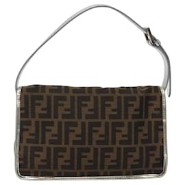 Fendi-FENDI Zucca Canvas Shoulder Bag Black Brown Auth 118071-Brown,Black