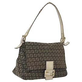 Fendi-FENDI Zucchino Canvas Mamma Baguette Shoulder Bag Gray Gold Auth BA1014-Brown,Golden