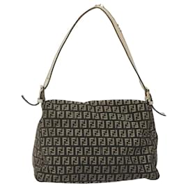 Fendi-FENDI Zucchino Canvas Mamma Baguette Shoulder Bag Gray Gold Auth BA1014-Brown,Golden