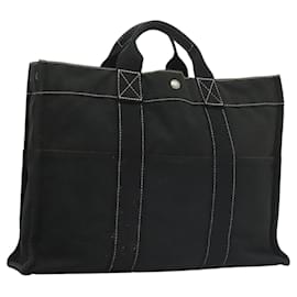 Hermès-HERMES Deauville MM Sac Tote Toile Noir Argent Auth 117605-Noir,Argenté