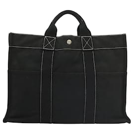 Hermès-HERMES Deauville MM Sac Tote Toile Noir Argent Auth 117605-Noir,Argenté