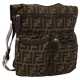Fendi-FENDI Zucca Canvas Shoulder Bag Black Brown Silver Auth bs24205-Brown,Black,Silvery