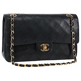 Chanel-CHANEL Matelassé 25 Sac à Double Rabat Chaîne Cuir d'Agneau Noir Or CC Auth yk17865A-Noir,Doré