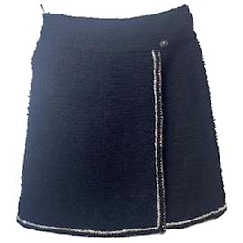 Chanel-Chanel 17A Paris Cosmopolite Black Wool Silver Metallic Trim Skirt FR 36-Black,Silvery