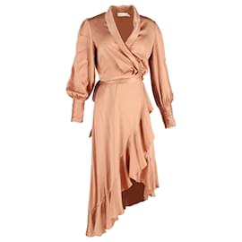 Zimmermann-Zimmerman Asymmetric Ruffled Midi Wrap Dress in Beige Silk-Beige