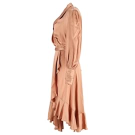 Zimmermann-Zimmerman Asymmetric Ruffled Midi Wrap Dress in Beige Silk-Beige
