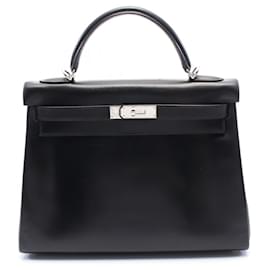Hermès-Sac Kelly 2way en Box Calf Hermes 32 avec quincaillerie argentée, estampillé D (2000)-Noir