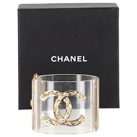 Pulseira de punho CC Strass Chanel em resina branca Branco
