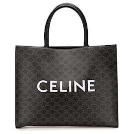 Céline-Celine Black Medium Triomphe Coated Canvas Cabas Horizontal Tote-Black