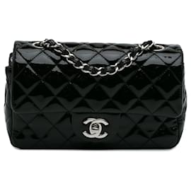 Chanel-Chanel Mini Rectangulaire Noir Classique en Cuir Verni à Rabat Unique-Noir