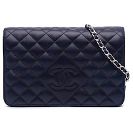 Chanel-Portefeuille Chanel Blue CC en cuir d'agneau matelassé avec chaîne-Bleu,Bleu Marine