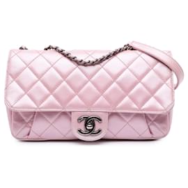Chanel-Chanel Rose Moyen CC Matelassé Métallique Cuir de Veau Coco Plis Flap-Rose