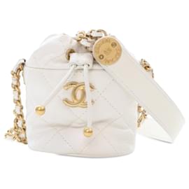 Chanel-Chanel White Mini Quilted Caviar Twist Your Buttons Drawstring Bucket Bag-White