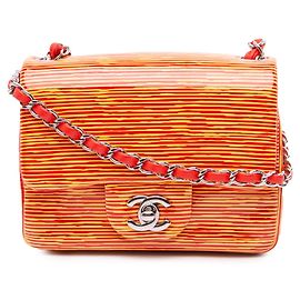 Chanel Orange Mini Square Classic Patent Striped Single Flap Orange