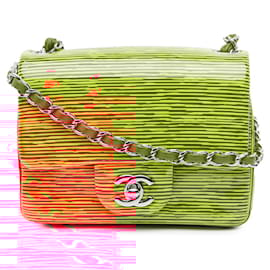 Chanel-Chanel Orange Mini Carré Classique en Verni Rayé à Rabat Unique-Orange