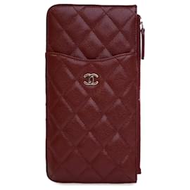 Chanel-Pochette portefeuille plate en caviar matelassé rouge CC de Chanel-Rouge,Bordeaux