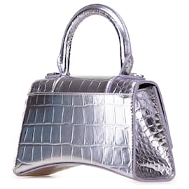 Balenciaga-Sac à main Hourglass XS en cuir de veau métallisé argenté avec embossage crocodile de Balenciaga-Argenté