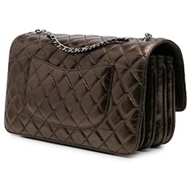 Chanel-Chanel Brown Medium Metallic Crackled Calfskin Clams Pocket Flap-Brown,Bronze