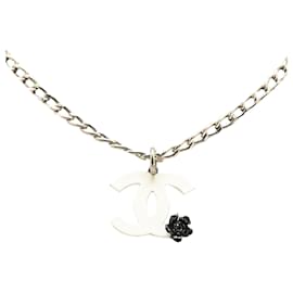 Chanel-Chanel Silver Silver Plated Resin CC Camellia Charm Necklace-Silvery,Other