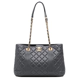 Chanel-Sac tote en cuir d'agneau matelassé Chanel Gray CC avec pinces-Marron,Gris anthracite