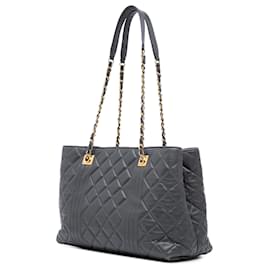 Chanel-Sac tote en cuir d'agneau matelassé Chanel Gray CC avec pinces-Marron,Gris anthracite