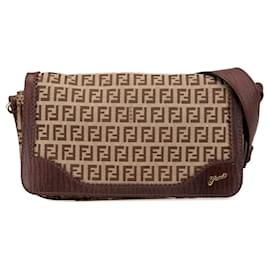 Fendi-Fendi Brown Zucchino Canvas Shoulder Bag-Brown,Beige