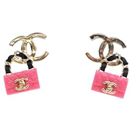 Chanel-Chanel Gold Gold Plated Calfskin Resin CC Handbag Push Back Earrings-Golden,Other