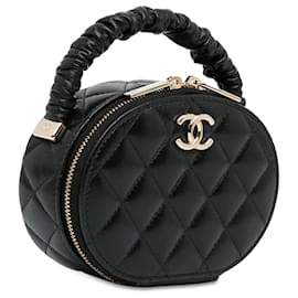 Chanel-Sac à main oval en cuir d'agneau froncé noir CC de Chanel-Noir