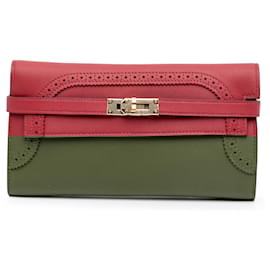 Hermès-Portefeuille Longue Kelly Ghillies en Swift Rouge Hermès-Rouge,Bordeaux