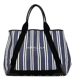 Balenciaga-Balenciaga Blue Canvas Striped Navy Cabas M-Blue