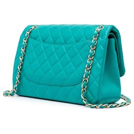 Chanel-Chanel Bleu Jumbo Classique en Agneau Double Rabat-Bleu,Turquoise