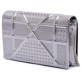 Dior-Dior Silver Metallic Patent Microcannage Diorama Wallet on Chain-Silvery