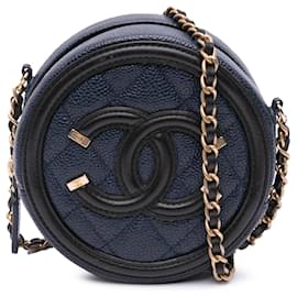 Chanel-Sac à bandoulière rond en caviar bleu Chanel CC Filigree-Bleu,Autre