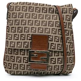Fendi-Fendi Brown Zucchino Canvas Crossbody-Brown,Beige