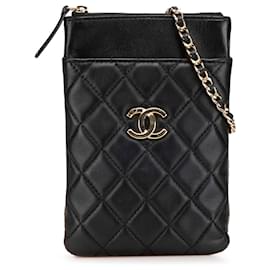 Chanel-Porte-téléphone en cuir d'agneau matelassé noir CC de Chanel avec chaîne-Noir